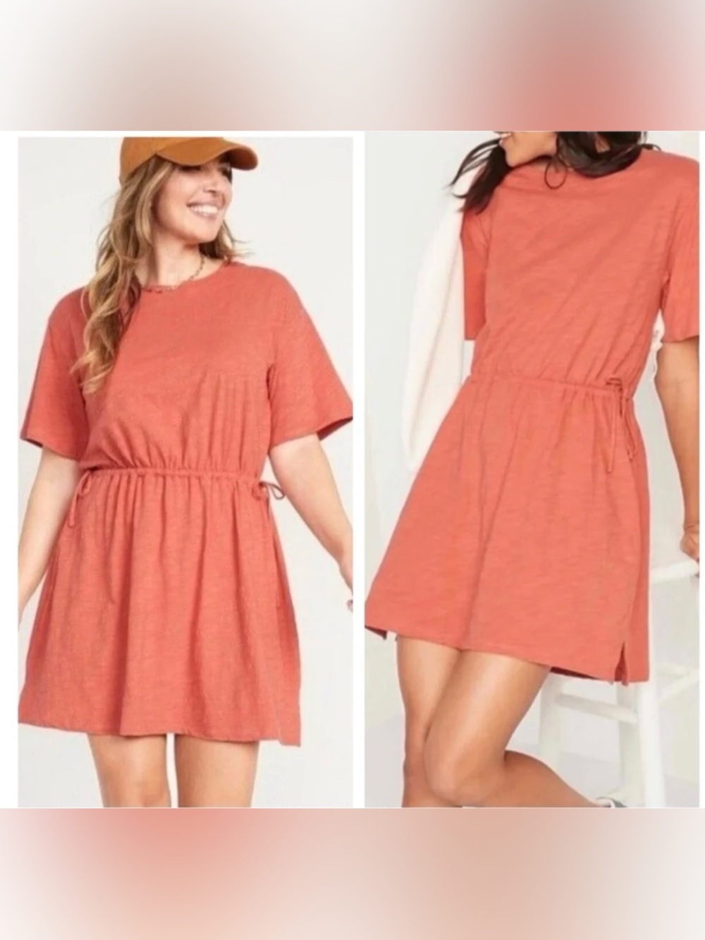 Old Navy Coral-Red Short Sleeve Drawstring Waist Dress